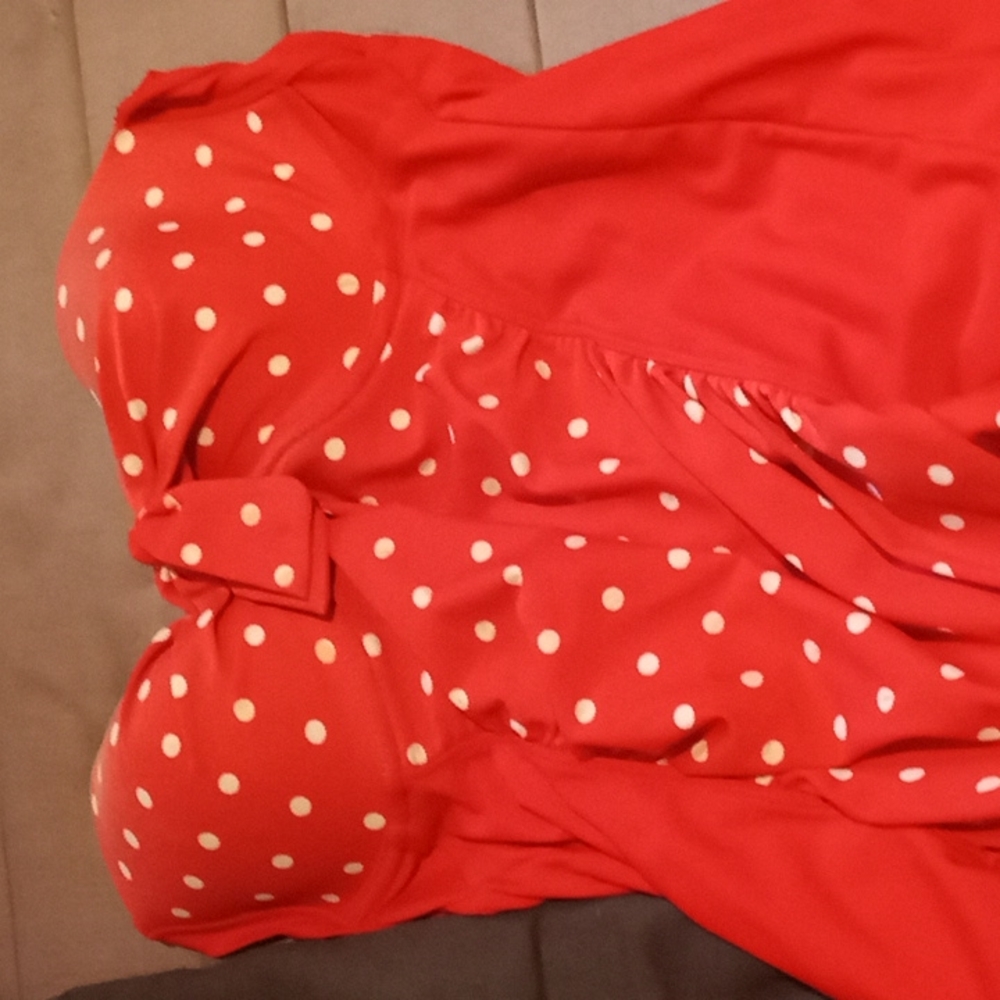 Red bathing suit top with white dots